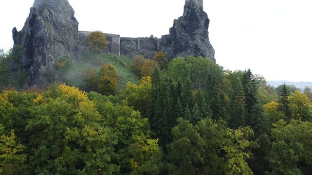 Aerial view of medieval Trosky Castle ruins in Bohemian Paradise