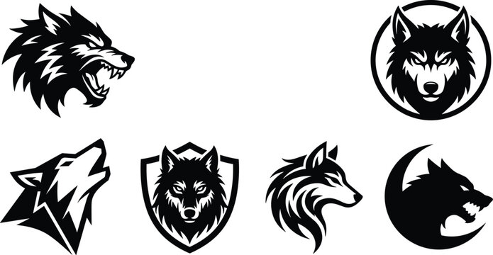 Wolf head mascot logo vector set featuring aggressive snarling wolves howling wolf silhouette shield crest and circular badge designs for esports gaming teams