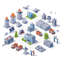 Fototapeta premium Isometric city emergency services and infrastructure illustration.