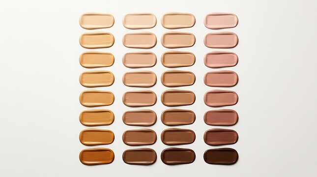 Set of liquid foundation makeup swatches showing a variety of different skin tones and shades for beauty. foundation shade chart