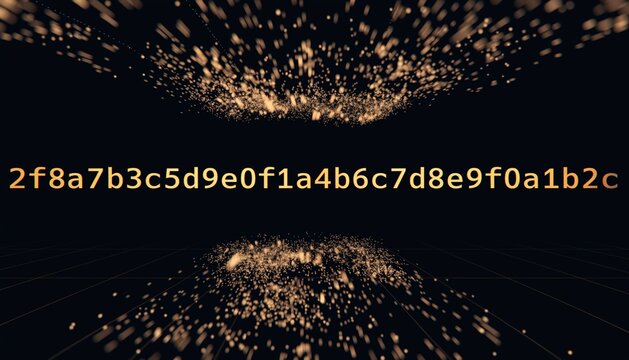 A dark background with glowing golden alphanumeric characters shifting and locking into a precise cryptographic hash pattern.  