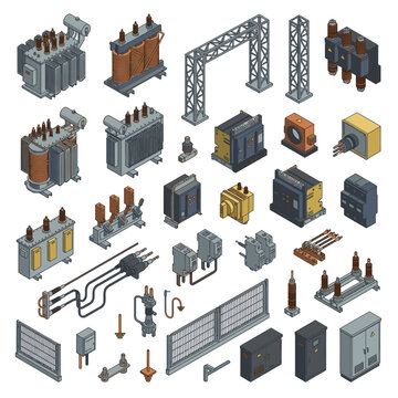 Isometric collection of industrial electrical equipment and components.