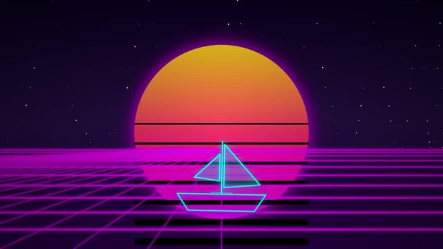 80s Retro Synthwave Voyage with Neon Sailboat on a Grid Horizon, 16:9 Aspect Ratio, 60fps 4K
