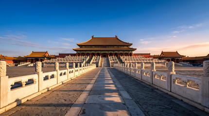 Obraz premium Ancient Chinese imperial palace architecture at sunrise with stone bridge and courtyard.