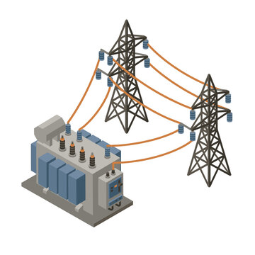 Isometric power substation with transmission lines and towers.