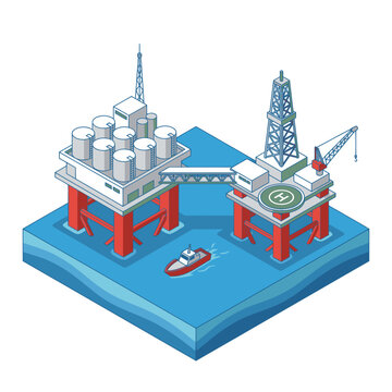 Offshore Oil Rig Platform with Supply Boat and Drilling Equipment.