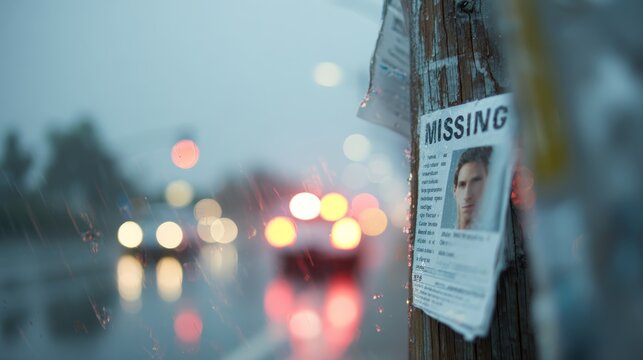 Weathered Missing Person Poster on Rainy Roadside Highlights Unresolved Disappearance, Public Search and True Crime Investigation