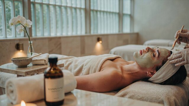 Woman receiving a green clay facial mask treatment while lying on a spa massage table with while professional applies her face brush lies spa bed