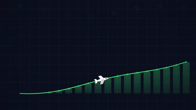 4K 60fps Animation of Airplane Flying Upwards on a Growing Green Data Chart Business Concept 16:9