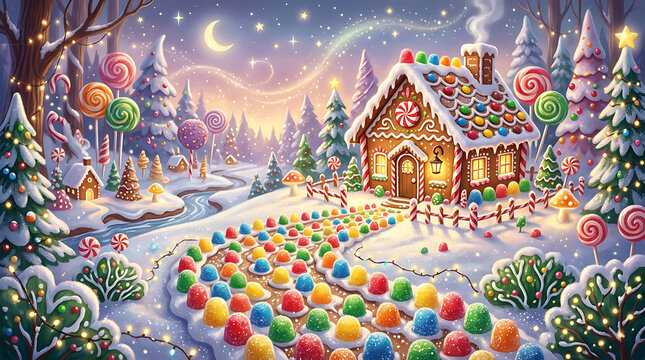 Whimsical Gingerbread House Illuminated by Candy Path in Snowy Christmas Wonderland