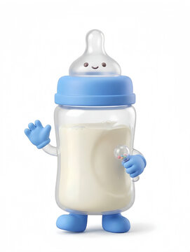 Cute 3D Baby Bottle Character Mascot Waving Hand and Holding Rattle on White Background