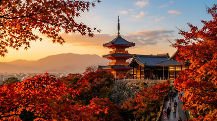 Obraz premium Traditional Japanese pagoda temple at sunset with vibrant autumn maple leaves in Kyoto