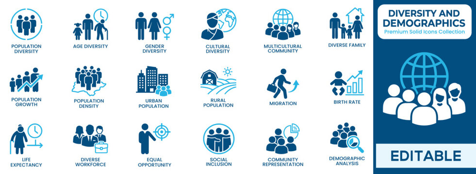 Diversity solid icon set featuring population, age, gender, culture, community, family, and more blue flat design. Vector
