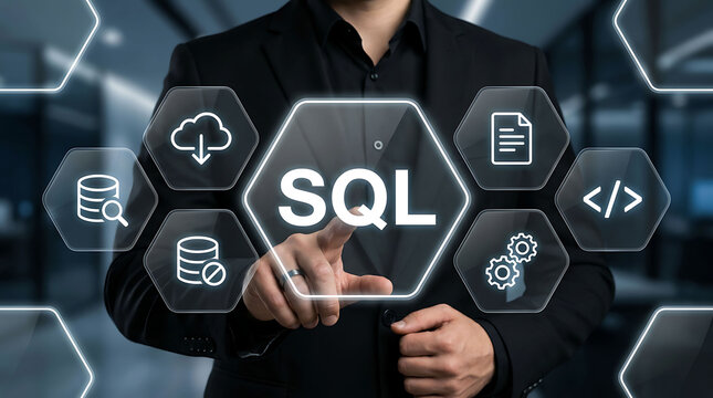 Businessman pressing SQL database interface button on futuristic digital screen
