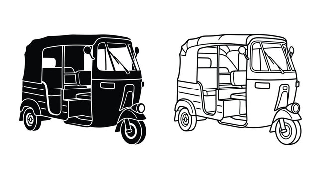 Two auto rickshaw silhouettes black and white line art illustrations on a white background silhouette