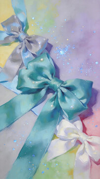 Shiny gift bow decoration,sparkle gold dust pastel background,celebration social media banner product mockup photo E‑commerce marketing poster Background shooting scene
