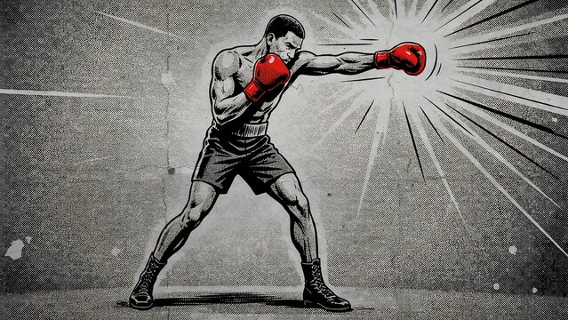 Vintage comic book style illustration of a powerful boxer throwing a punch with vibrant red gloves, dynamic action lines, and gritty halftone texture for sports designs.