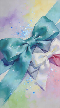 Shiny gift bow decoration,sparkle gold dust pastel background,celebration social media banner product mockup photo E‑commerce marketing poster Background shooting scene