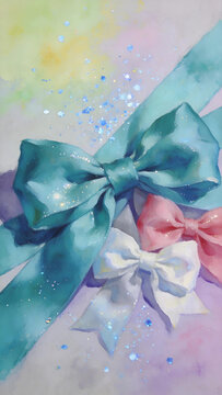 Shiny gift bow decoration,sparkle gold dust pastel background,celebration social media banner product mockup photo E‑commerce marketing poster Background shooting scene