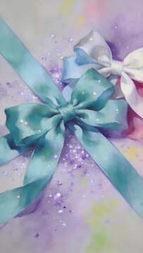 Shiny gift bow decoration,sparkle gold dust pastel background,celebration social media banner product mockup photo E‑commerce marketing poster Background shooting scene