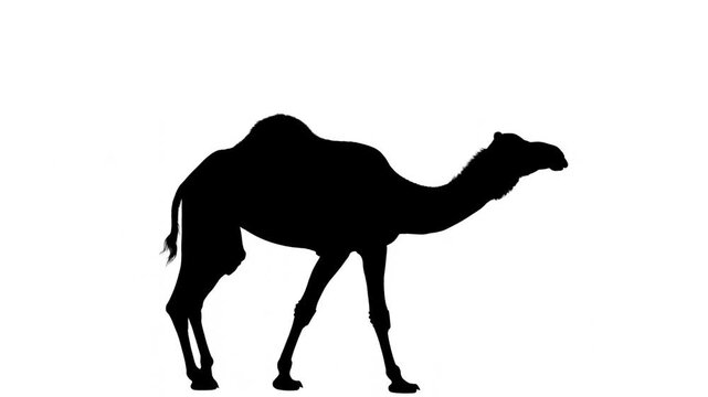 Camel silhouette standing in profile against a plain white background with raised leg