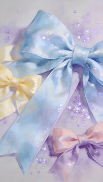 Macaron three-color satin bow sequin tulle, pale warm background, product mockup photo E-commerce marketing poster Background shooting scene