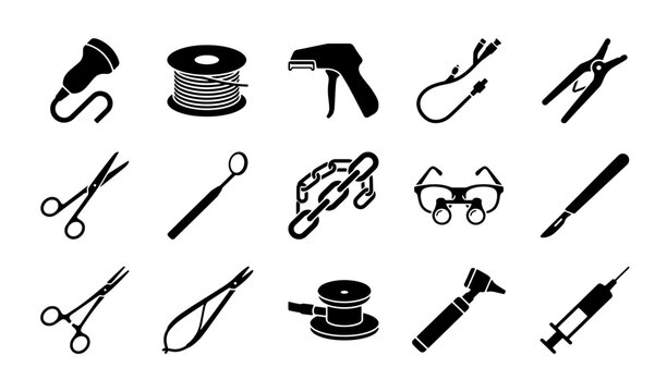 Medical surgical instrument icons, 15 black vector silhouettes of healthcare equipment, professional clinic tools and hospital supplies