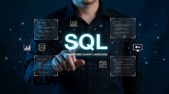 Data analyst interacting with SQL structured query language interface in tech