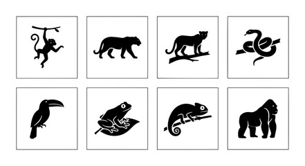 Naklejka premium 70 Jungle Animals Vector Icons Set, Wild Creatures Silhouette Collection, Primate, Big Cat, Reptile, Bird, Amphibian Graphics 100