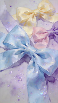 Pastel blue purple pink silk bows, watercolor vertical illustration backdrop product mockup photo E-commerce marketing poster Background shooting scene