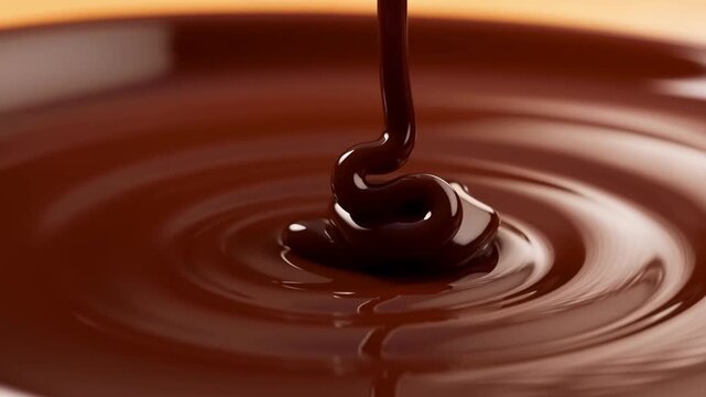 Liquid chocolate with concentric ripples on a glossy surface under warm light