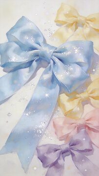 Pastel blue purple pink silk bows, watercolor vertical illustration backdrop product mockup photo E-commerce marketing poster Background shooting scene