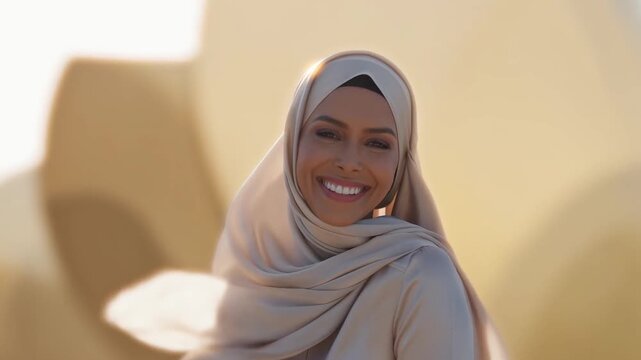 Smiling Woman Wearing Hijab Looks at Viewer in a Warm Softly Lit Portrait Setting