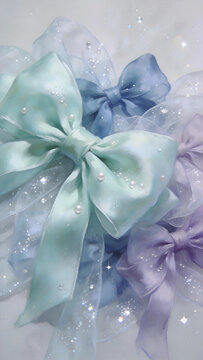 Mint blue series ribbon bow, watercolor soft texture, product mockup photo E-commerce marketing poster Background shooting scene