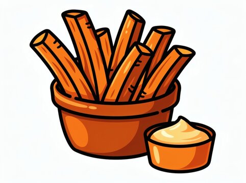 French fries served in a ceramic container alongside a small dish of creamy dipping sauce depicted in a bright cartoon illustration style.
