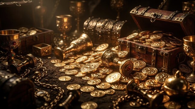 Treasure chest overflows with gold coins and ornate goblets. Ancient artifacts and jewels gleam, scattered across dark surface. Mystery wealth and riches await discovery in dim light.