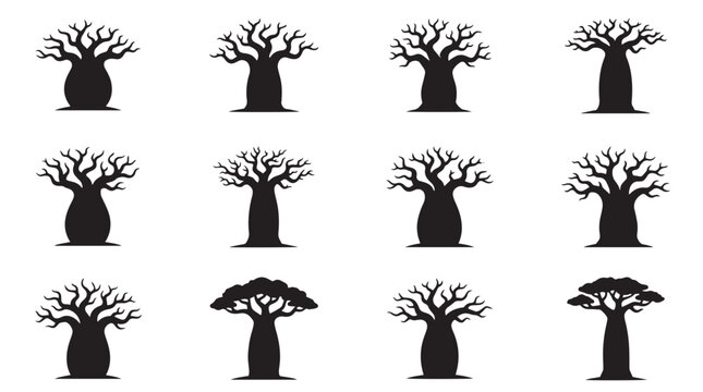 Baobab Tree Silhouettes Set, African nature icons, Black botanical vector elements, Savanna flora collection,  africa, madagascar, adansonia, trunk, branches, plant, landscape, safari, wild.