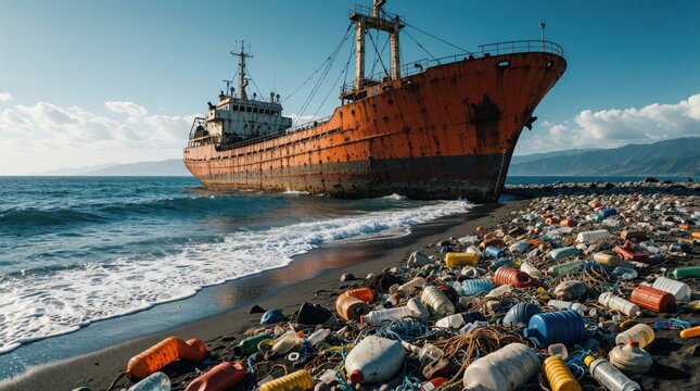 Old rusty cargo ship grounds on beach covered with plastic garbage. Ocean waves wash ashore littered sand and coastline. Maritime pollution problem is evident.