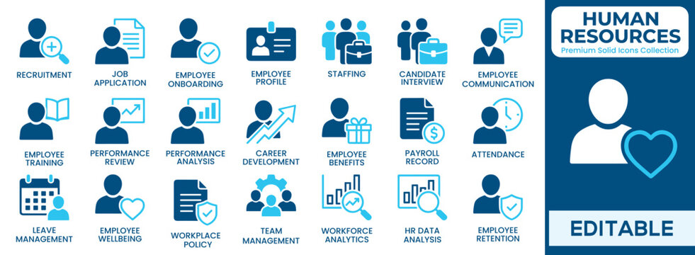 Human resources solid icon set featuring recruitment, employee onboarding, performance review, career development, payroll record, and more blue flat design. Vector