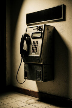 Old payphone mounted on wall with keypad and receiver. Empty black sign above device. Retro communication equipment sits in hallway.