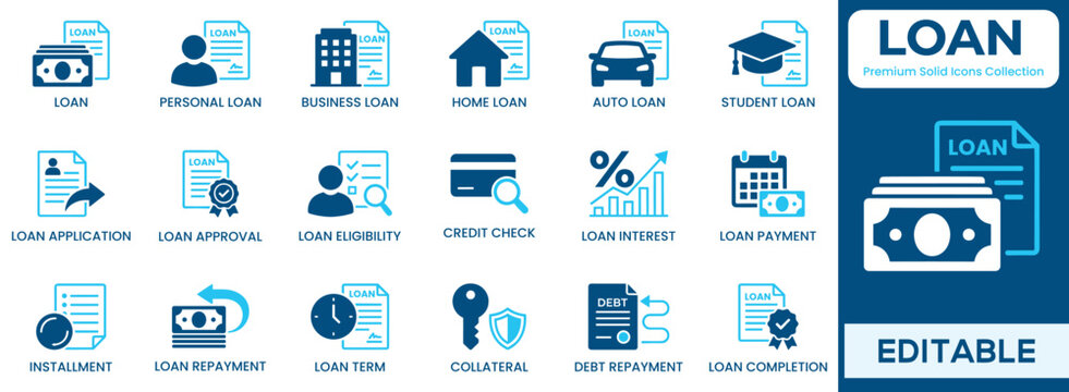 Loan solid icon set featuring money, bank, house, car, student, credit, and more blue flat design. Vector finance