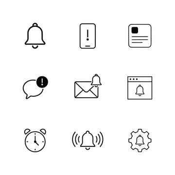 Flat design business icons set for productivity and alerts. Minimalist vector symbols for notifications, time management, and security.