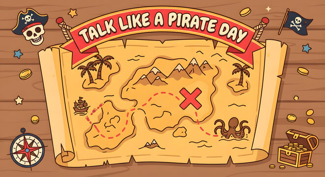 Talk Like a Pirate Day vector banner featuring an old treasure map with a red X route, gold coins, pirate skull, flag, and compass on a wooden background