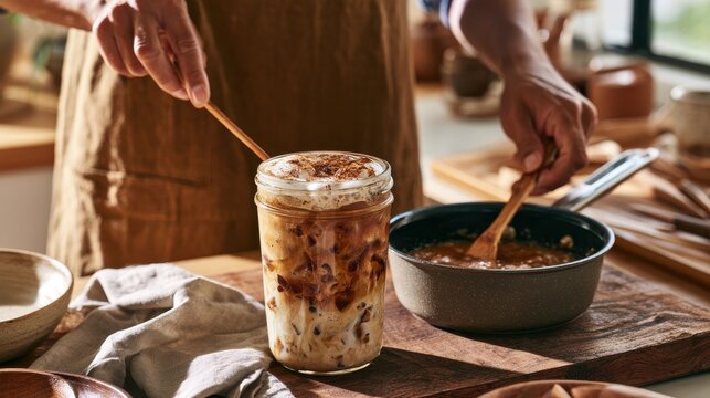 Hands stirring iced coffee in a glass jar in kitchen