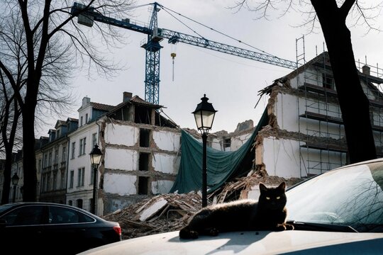 Black cat lies on car hood near construction site. Domestic feline relaxes on vehicle in front of demolished old building. Blue crane, rubble background. Urban landscape shows city renovation with
