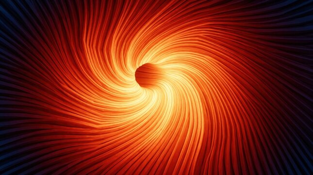 Abstract glowing illustration with orange, red striped textures. Swirling spiral motion creates bright energy vortex, polygonal gradients. Dynamic light patterns form spiral shape on dark background.