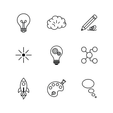 Hand-drawn education and innovation icons set. Creative doodle symbols for learning, science, and technology concepts.