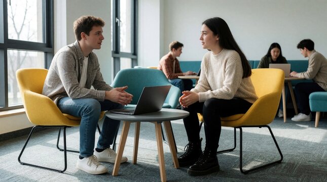 Two students collaborate on a laptop project in a university common area. They sit in bright chairs, actively discussing their assignment. Other students work nearby.