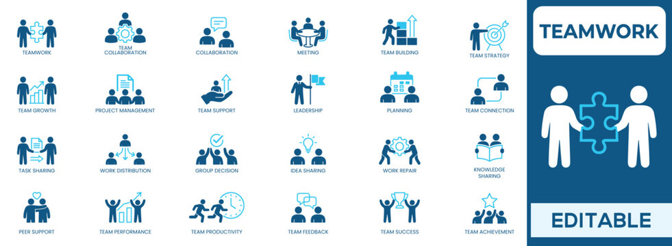 Teamwork solid icon set featuring team collaboration, meeting, leadership, team building, and knowledge sharing and more blue flat design. Vector