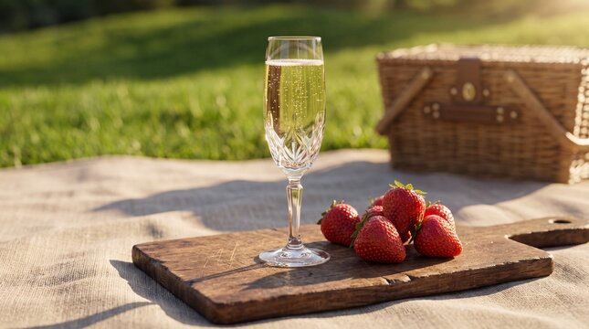 Tall crystal champagne flute and fresh red strawberries on a wooden cutting board during a sunny outdoor picnic on a blanket with a woven basket